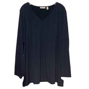 SUSAN GRAVER Top 3X Navy Blue V-Neck Stretchy Long Sleeves Closet Essential